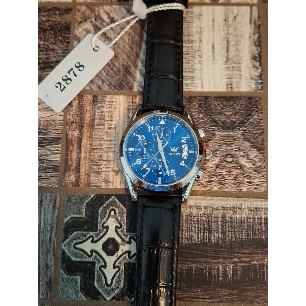NIB OLEVS 2878G Silvertone Mens Chrono Watch,Date,Black Leather Band,Quartz Mvmt - Picture 2 of 6